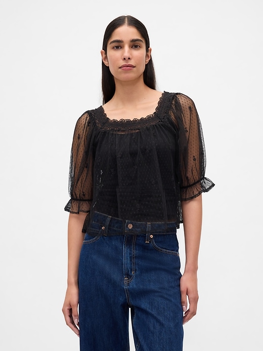 Image number 1 showing, Sheer Tulle Embroidered Top