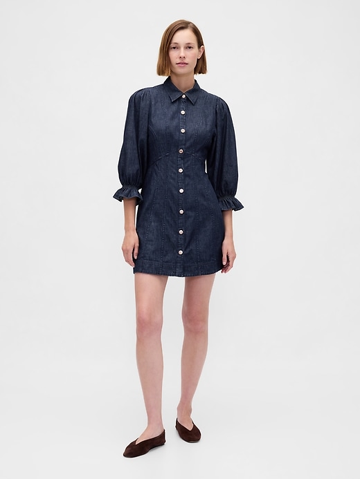Image number 1 showing, Denim Puff-Sleeve Seamed Mini Dress