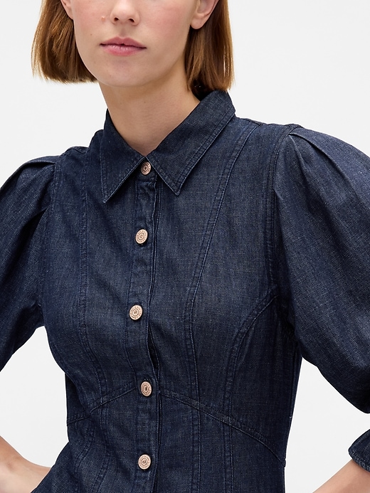 Image number 4 showing, Denim Puff-Sleeve Seamed Mini Dress