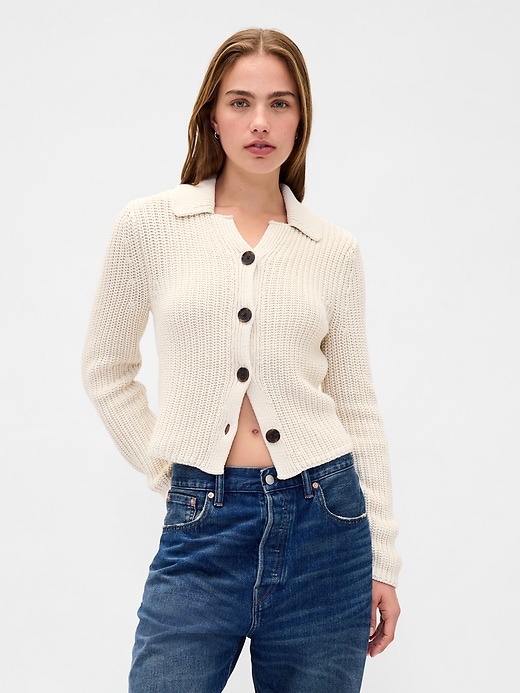 Image number 1 showing, 100% Cotton Collared Crop Cardigan Sweater