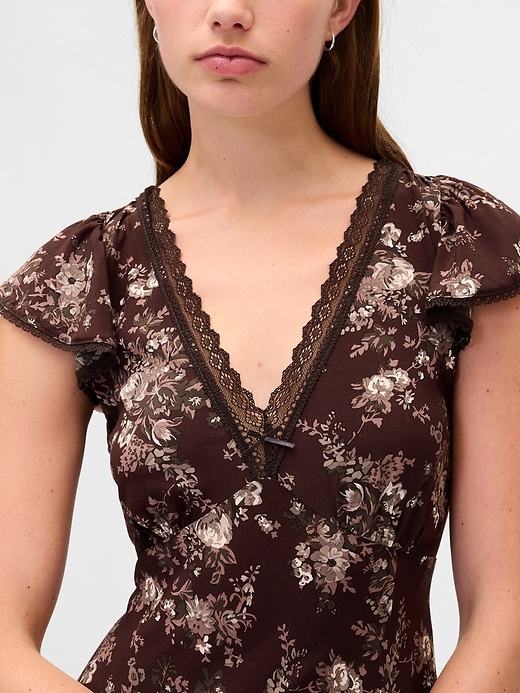 Lace-Trim V-Neck Crepe Maxi Dress