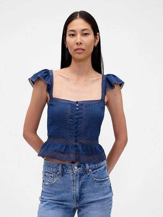 Image number 1 showing, Lace Ruffle Voile Peplum Crop Top