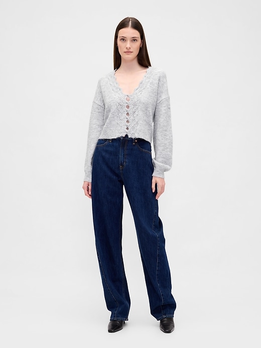 Image number 2 showing, Fuzzy Pointelle Scalloped Crop Cardigan