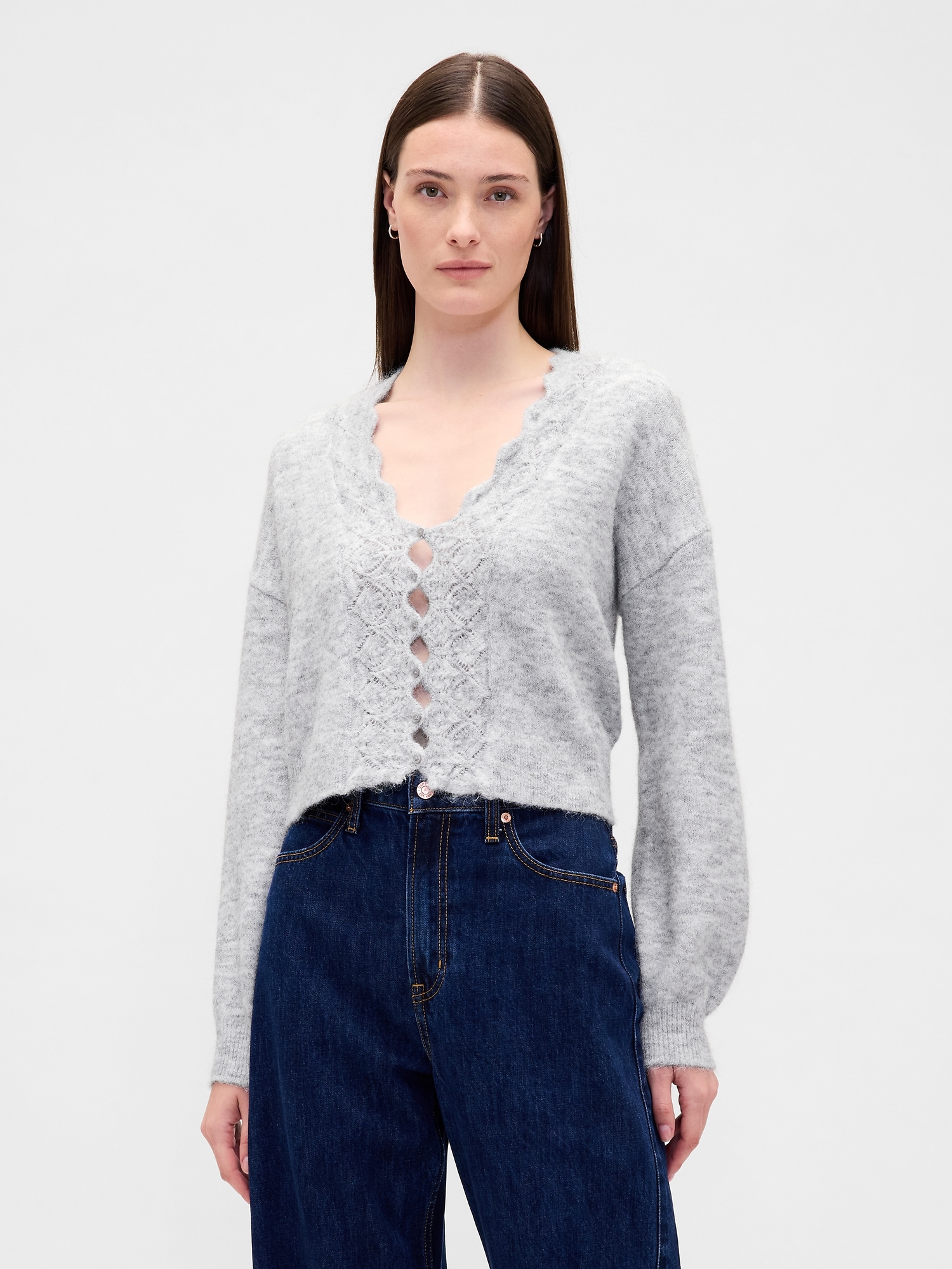 Fuzzy Pointelle Scalloped Crop Cardigan