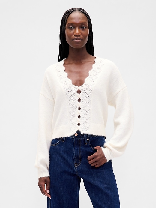 Image number 1 showing, Fuzzy Pointelle Scalloped Crop Cardigan