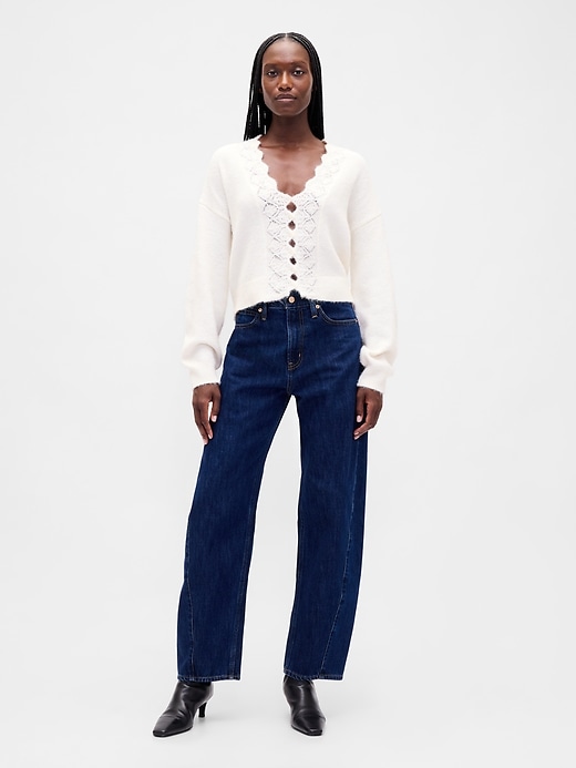 Image number 2 showing, Fuzzy Pointelle Scalloped Crop Cardigan