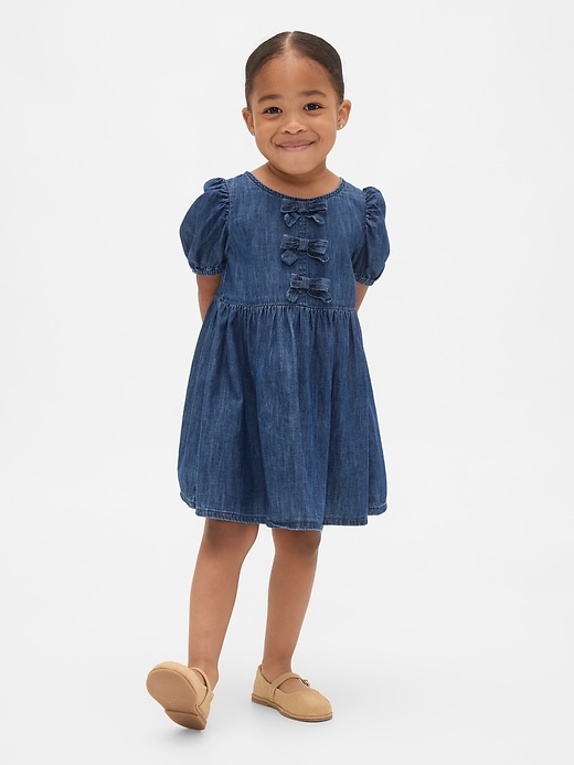 Image number 1 showing, Baby & Toddler Denim Puff-Sleeve Bow Dress
