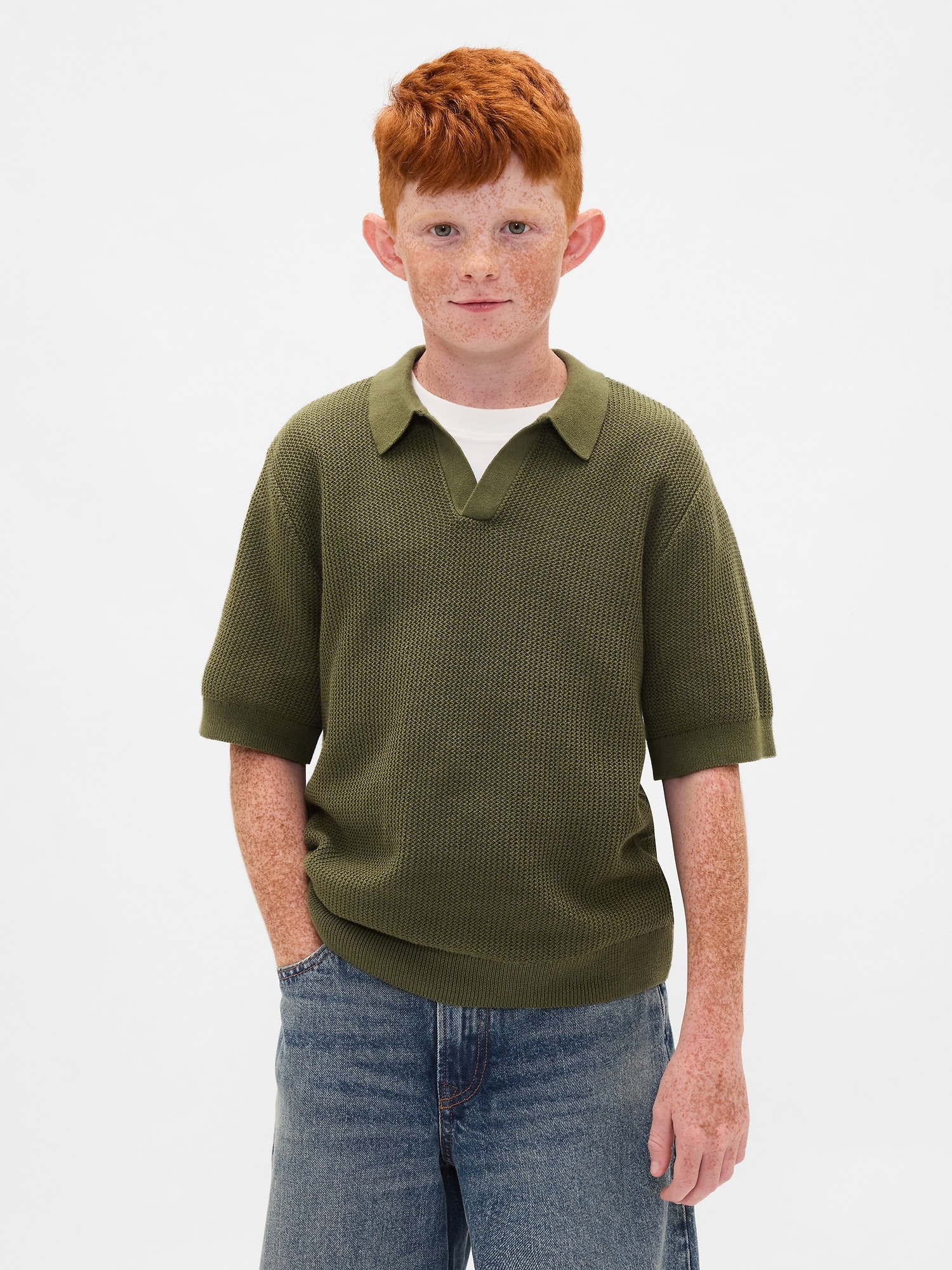 Kids Johnny-Collar Waffle Shirt