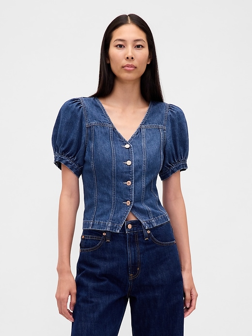 L'image numéro 1 présente Haut à manches bouffantes et surpiqûres en denim