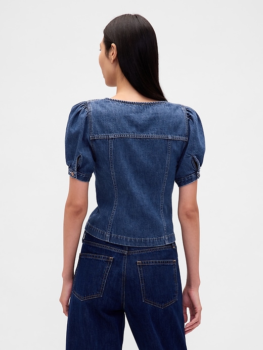 L'image numéro 3 présente Haut à manches bouffantes et surpiqûres en denim