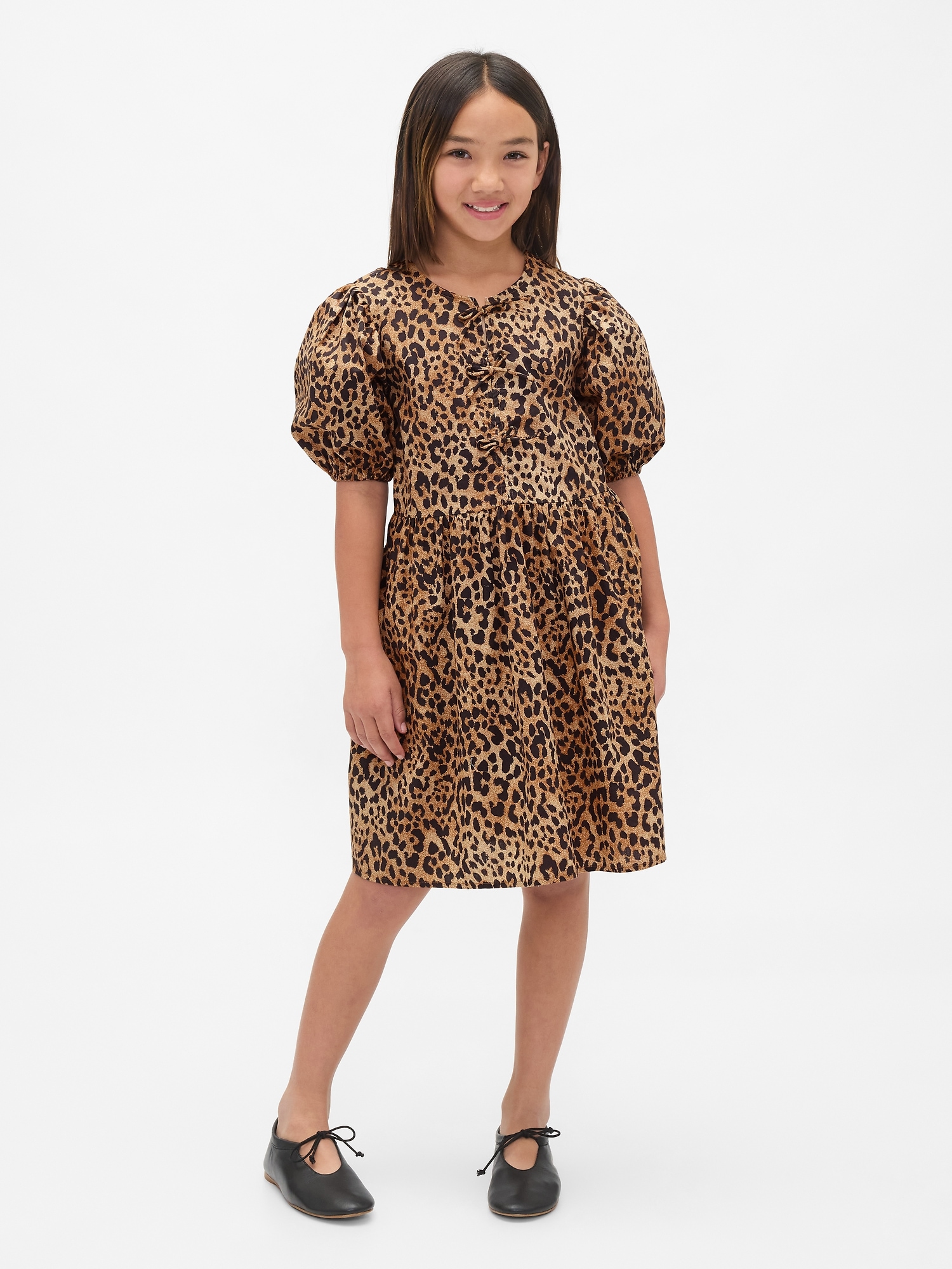 Kids Poplin Puff-Sleeve Leopard Dress