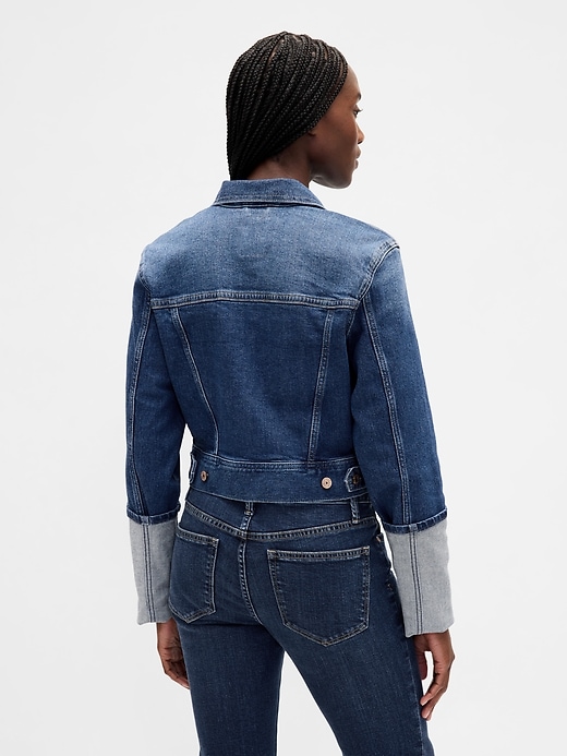 Image number 3 showing, Pin-Cuff Crop Icon Denim Jacket