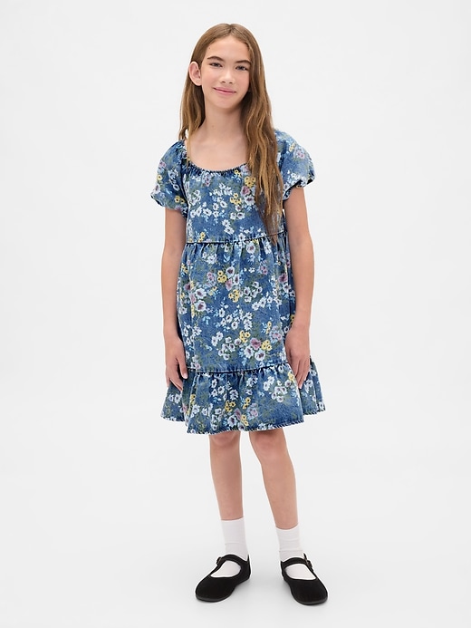 Image number 1 showing, Kids Denim Puff-Sleeve Floral Dress