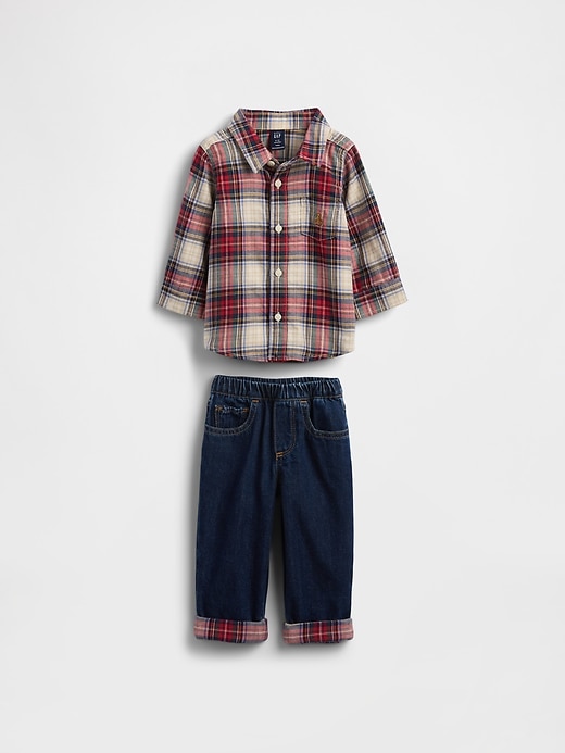Image number 1 showing, Baby Flannel & Denim Outfit Set