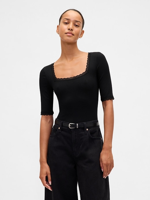 Image number 1 showing, Modal Rib Lace-Trim Square-Neck T-Shirt