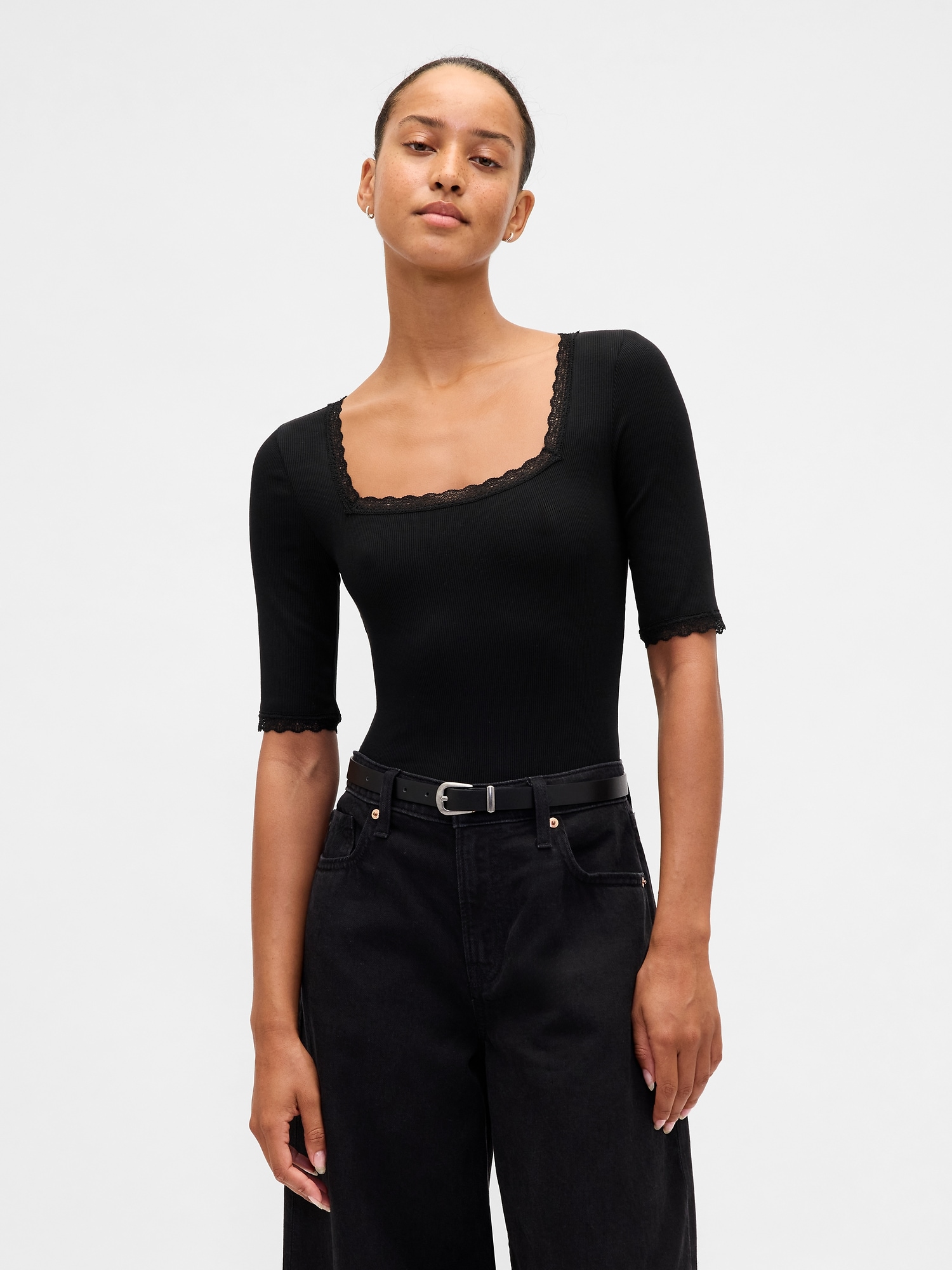 Modal Rib Lace-Trim Square-Neck T-Shirt