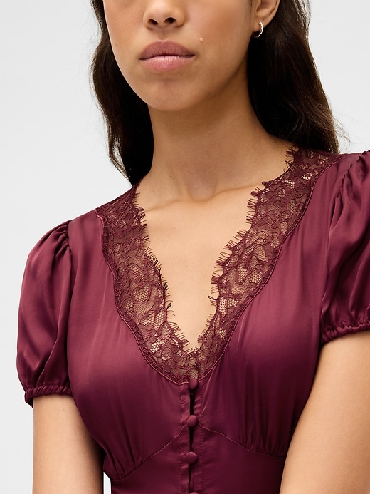 Image number 4 showing, Satin Lace-Trim V-Neck Mini Dress