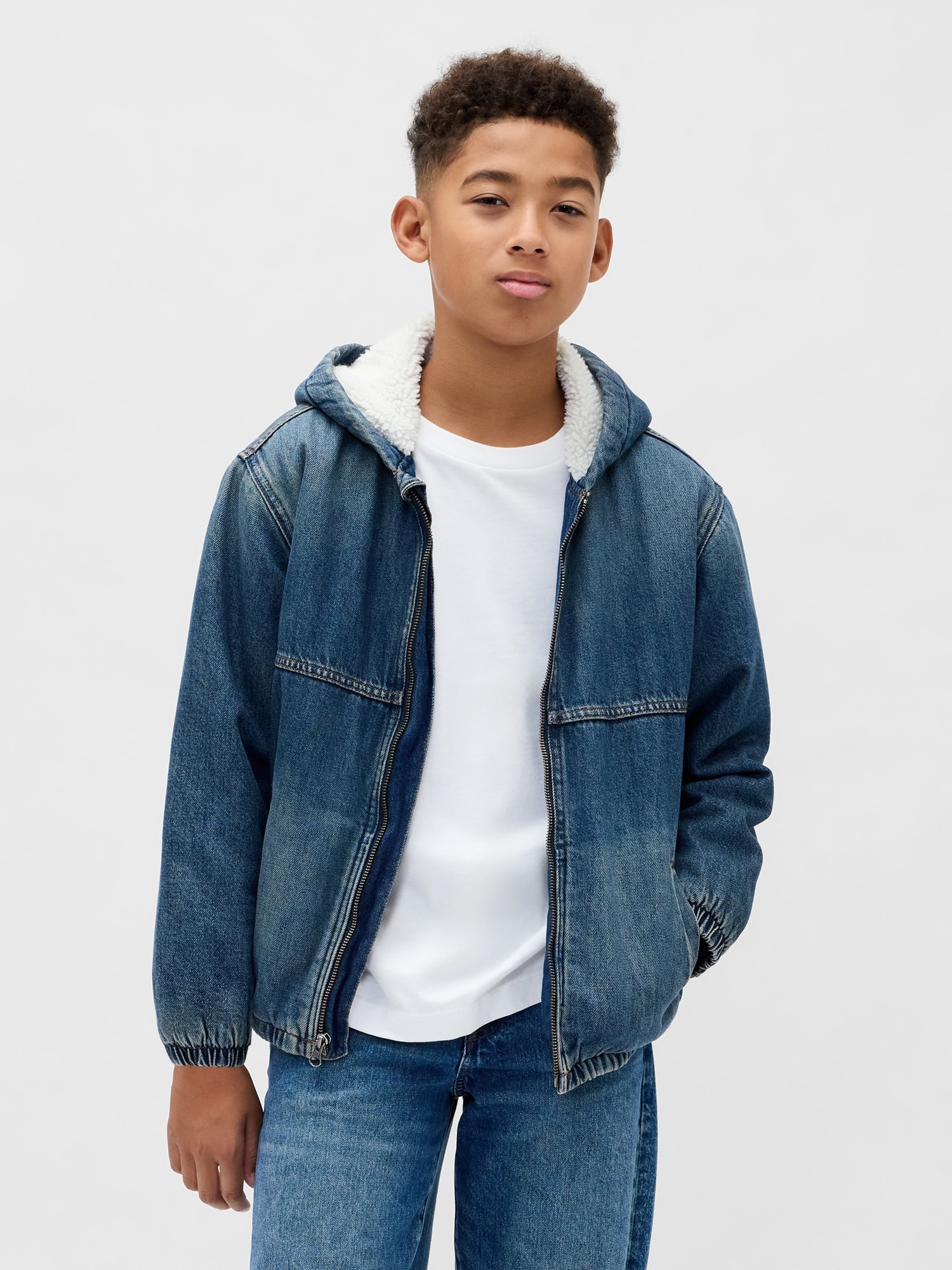 Kids Sherpa-Lined Denim Hoodie