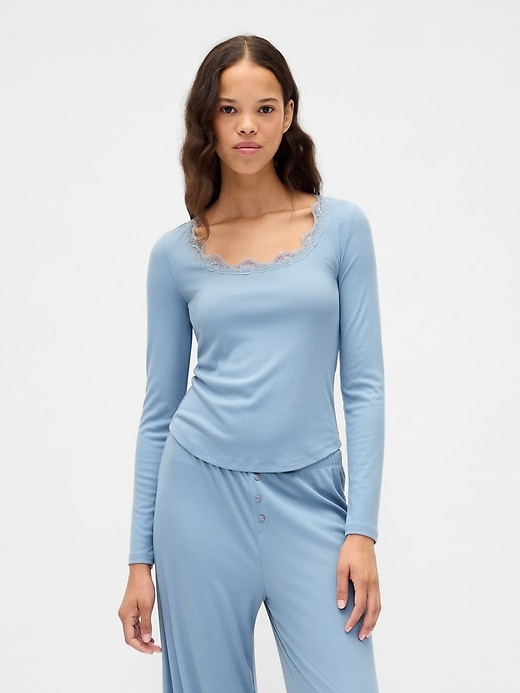 Image number 1 showing, Mini Rib Lace-Trim PJ Top
