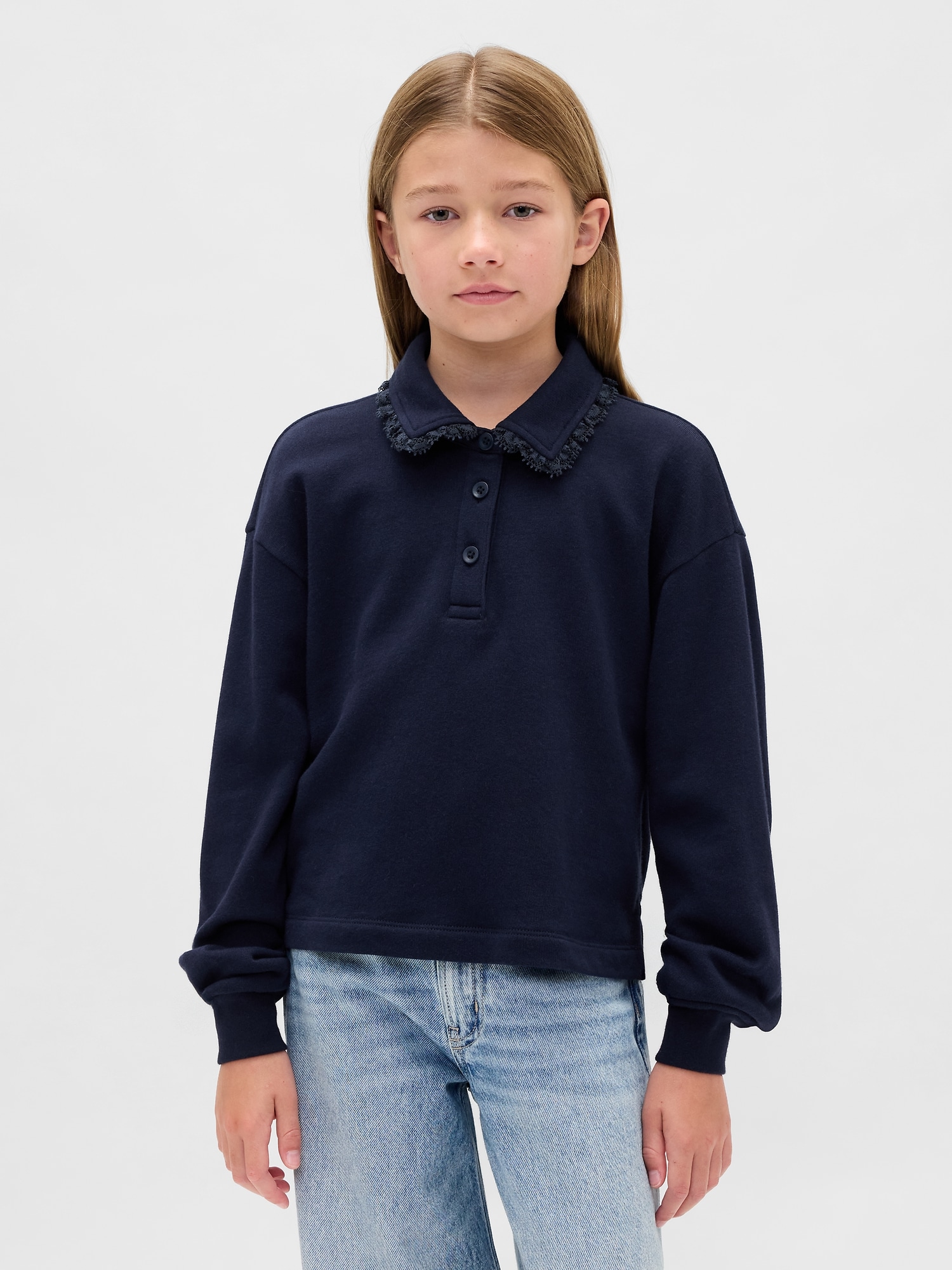 Kids French Terry Lace-Trim Polo Sweatshirt