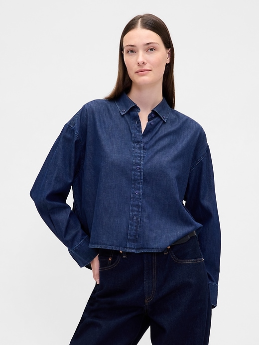 Image number 1 showing, UltraSoft Denim Straight-Hem Crop Shirt