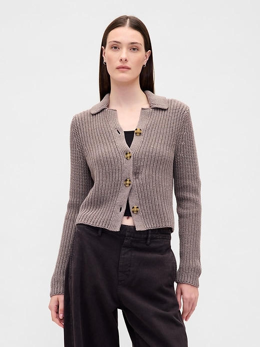 Image number 1 showing, 100% Cotton Collared Crop Cardigan Sweater