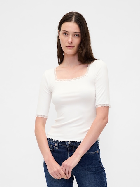 Modal Rib Lace-Trim Square-Neck T-Shirt