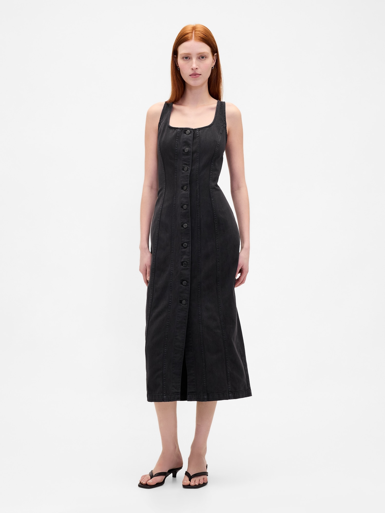 Seamed Button-Front Midi Dress