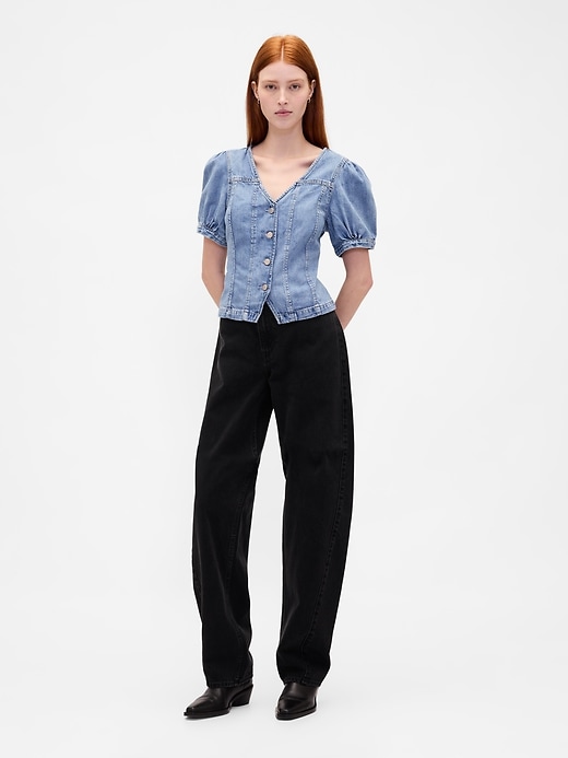 Image number 2 showing, Denim Puff-Sleeve Seamed Top