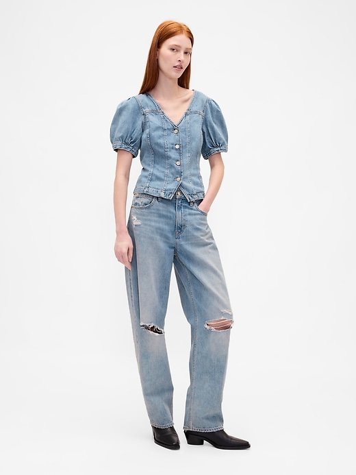 Image number 5 showing, Denim Puff-Sleeve Seamed Top