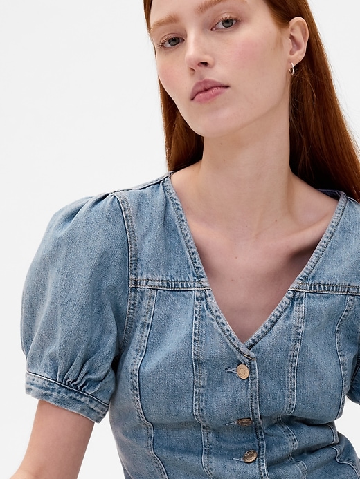 Image number 4 showing, Denim Puff-Sleeve Seamed Top