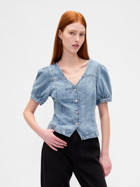 HAUT À MANCHES BOUFFANTES ET SURPIQÛRES EN DENIM