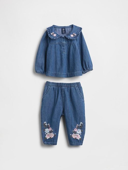 Image number 1 showing, Baby Floral Denim Outfit Set