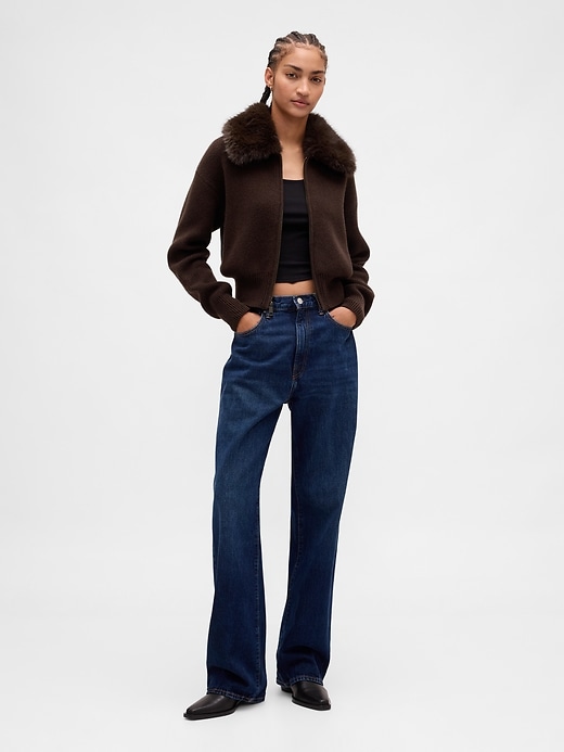 Image number 2 showing, CashSoft Faux-Fur Collar Zip Cardigan Sweater