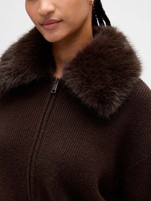 Image number 4 showing, CashSoft Faux-Fur Collar Zip Cardigan Sweater