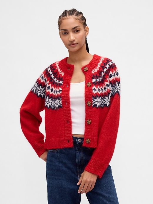 Image number 1 showing, Fuzzy Fair Isle Cardigan Sweater