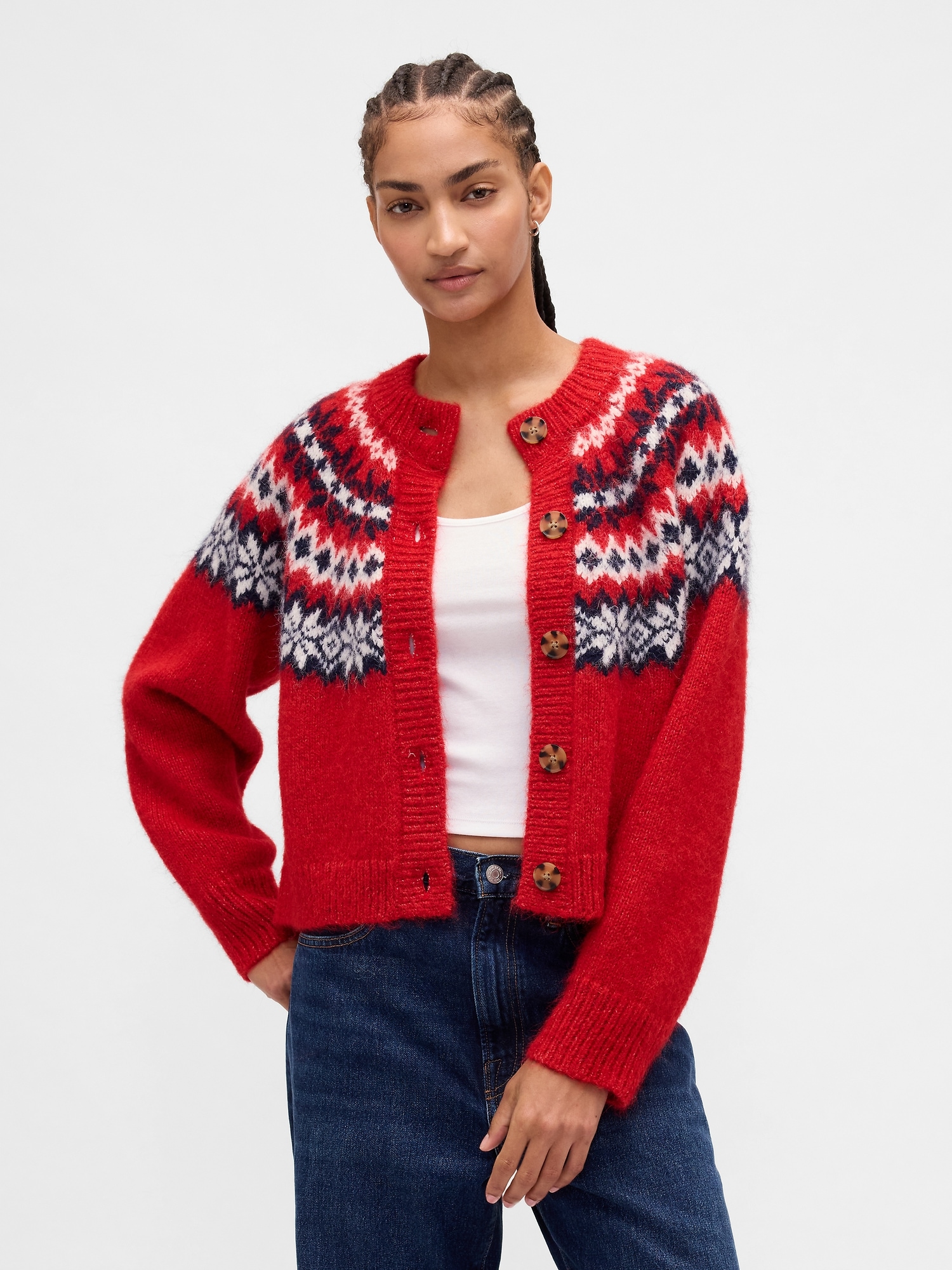 Fuzzy Fair Isle Cardigan Sweater