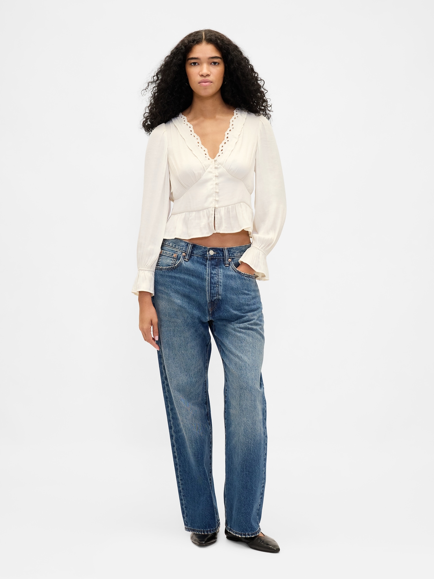 Eyelet V-Neck Peplum Top