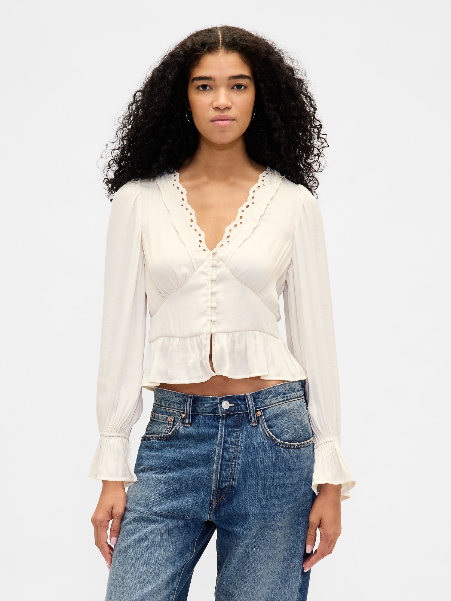 Eyelet V-Neck Peplum Top