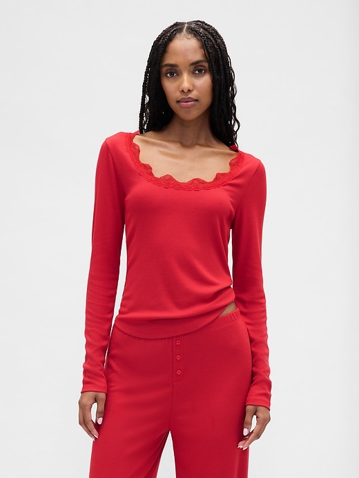 Image number 1 showing, Mini Rib Lace-Trim PJ Top