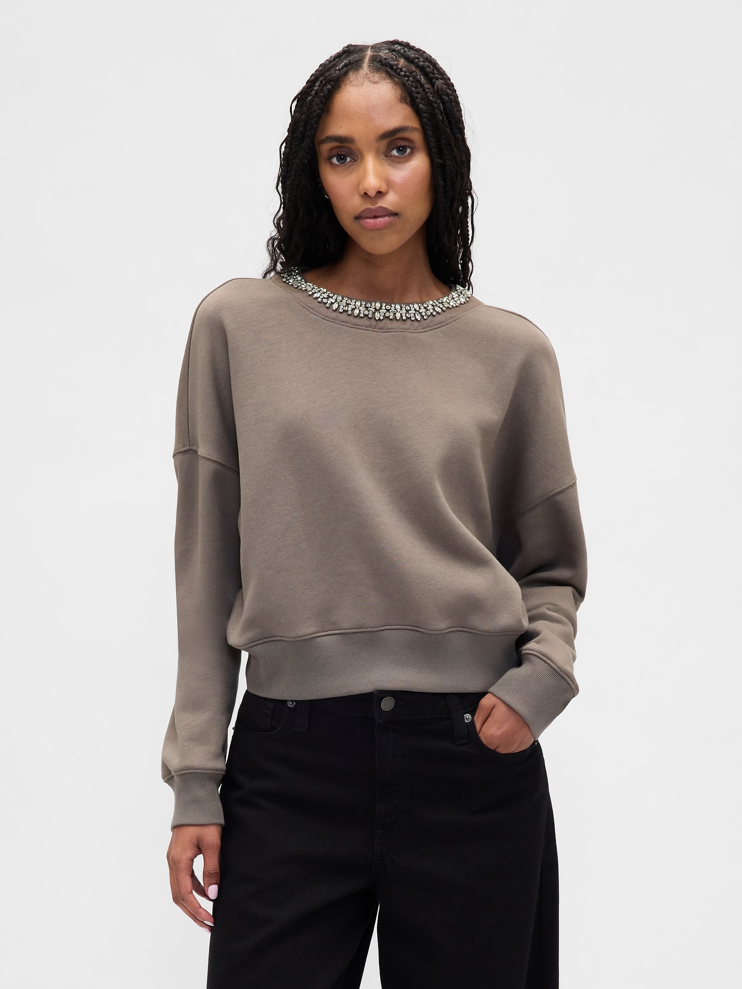 VintageSoft Jewel-Neck Crop Sweatshirt
