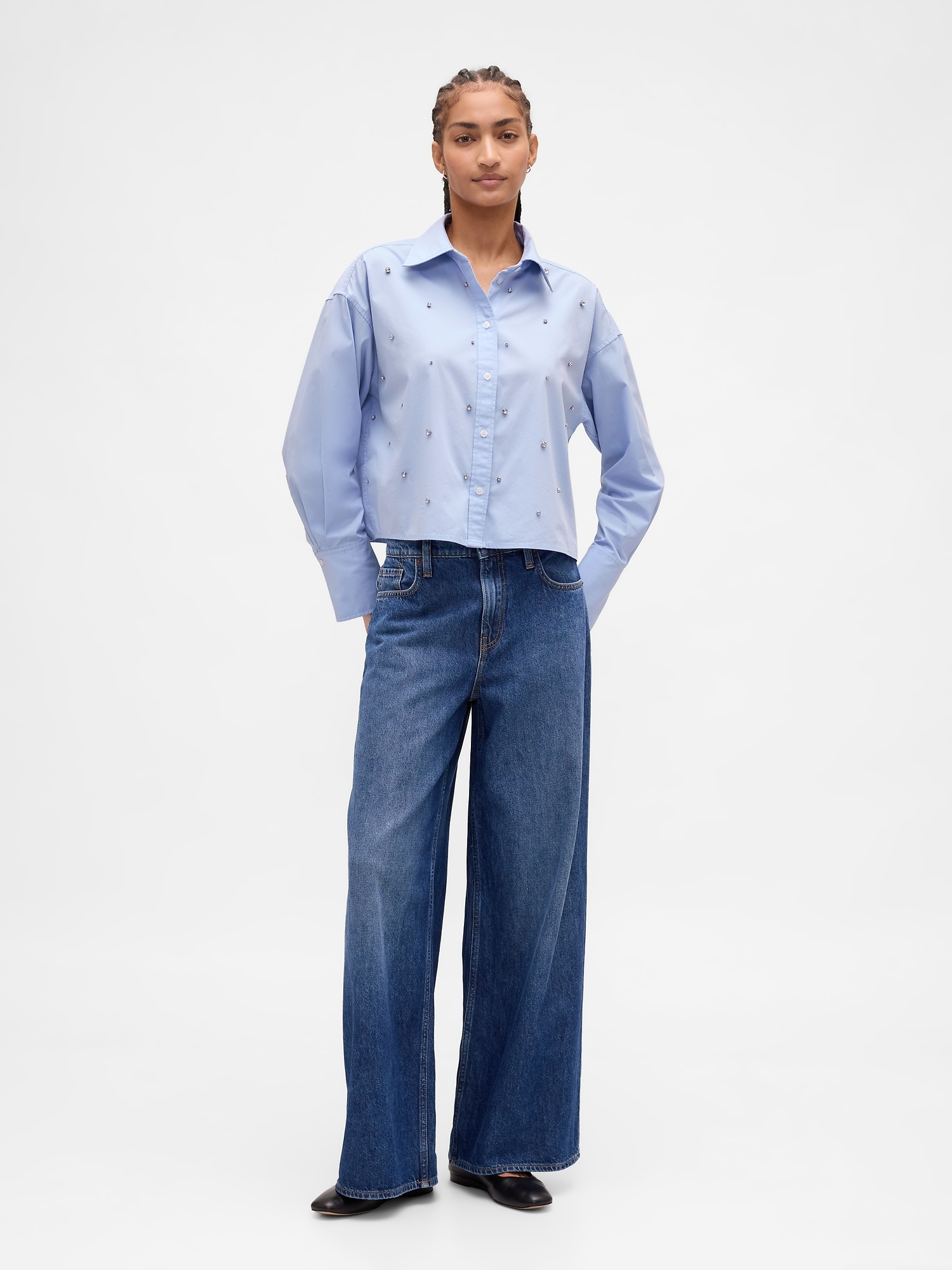 Organic Cotton Embellished Straight-Hem Crop Shirt