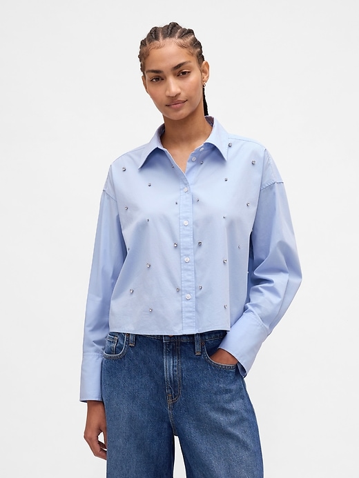 Image number 1 showing, Organic Cotton Embellished Straight-Hem Crop Shirt
