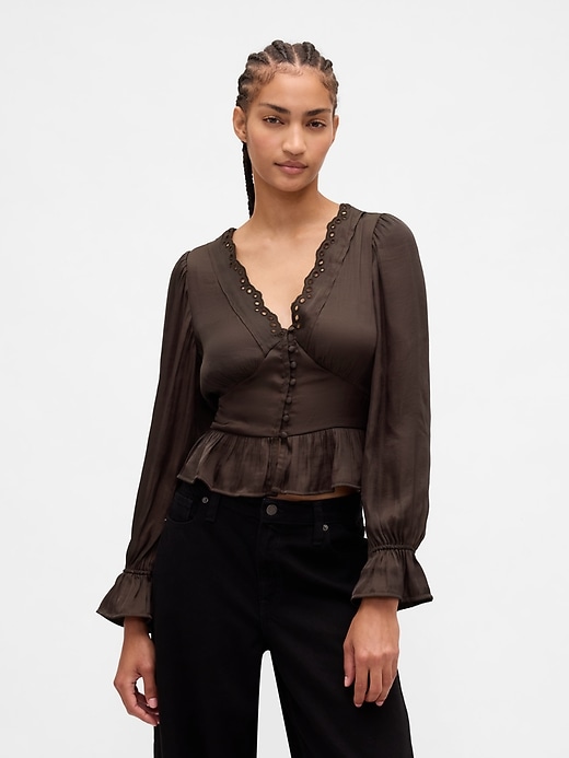 Image number 1 showing, Eyelet V-Neck Peplum Top