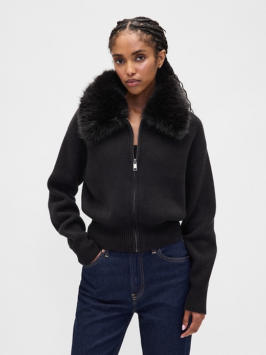 Image number 1 showing, CashSoft Faux-Fur Collar Zip Cardigan Sweater
