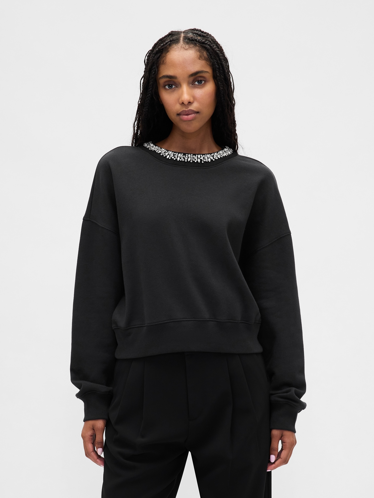 VintageSoft Jewel-Neck Crop Sweatshirt