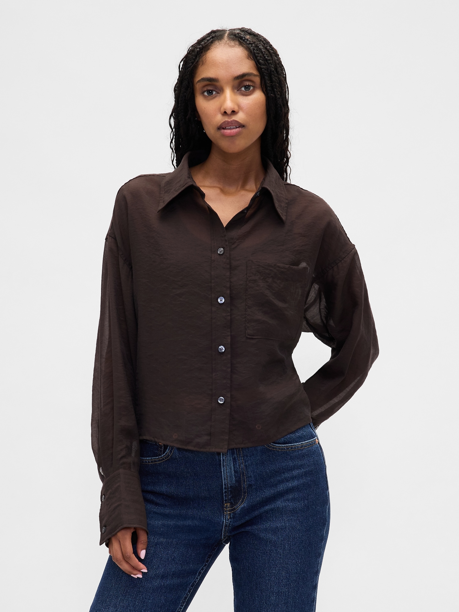 Sheer Straight-Hem Crop Shirt