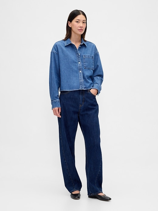 Image number 2 showing, UltraSoft Denim Oversized Straight-Hem Crop Shirt