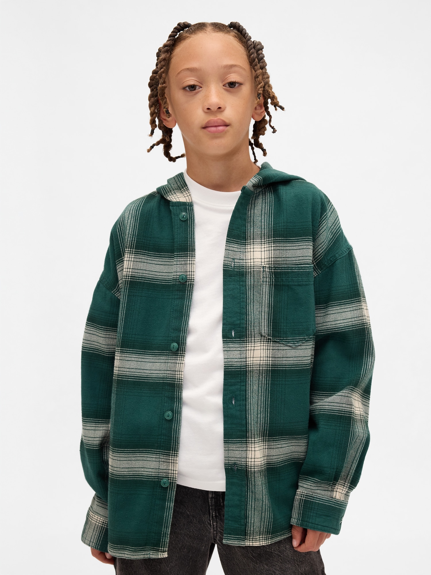 Kids Organic Cotton Hooded Flannel Shirt