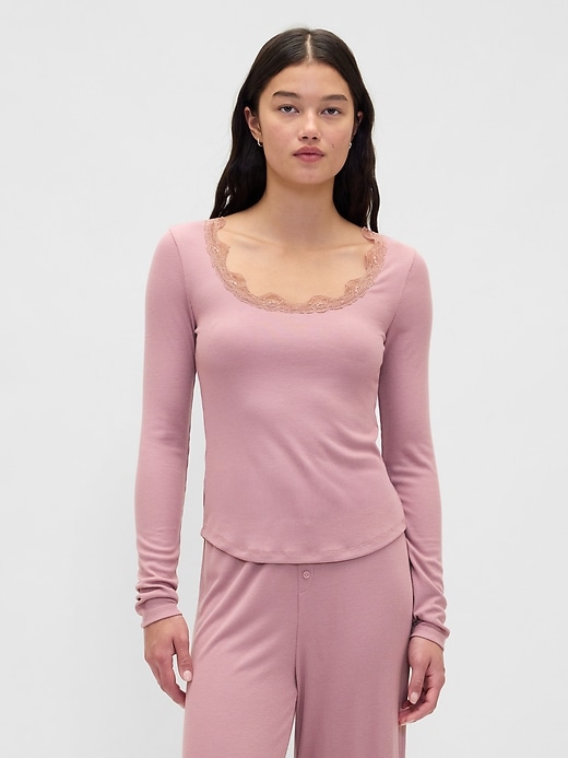 Image number 1 showing, Mini Rib Lace-Trim PJ Top